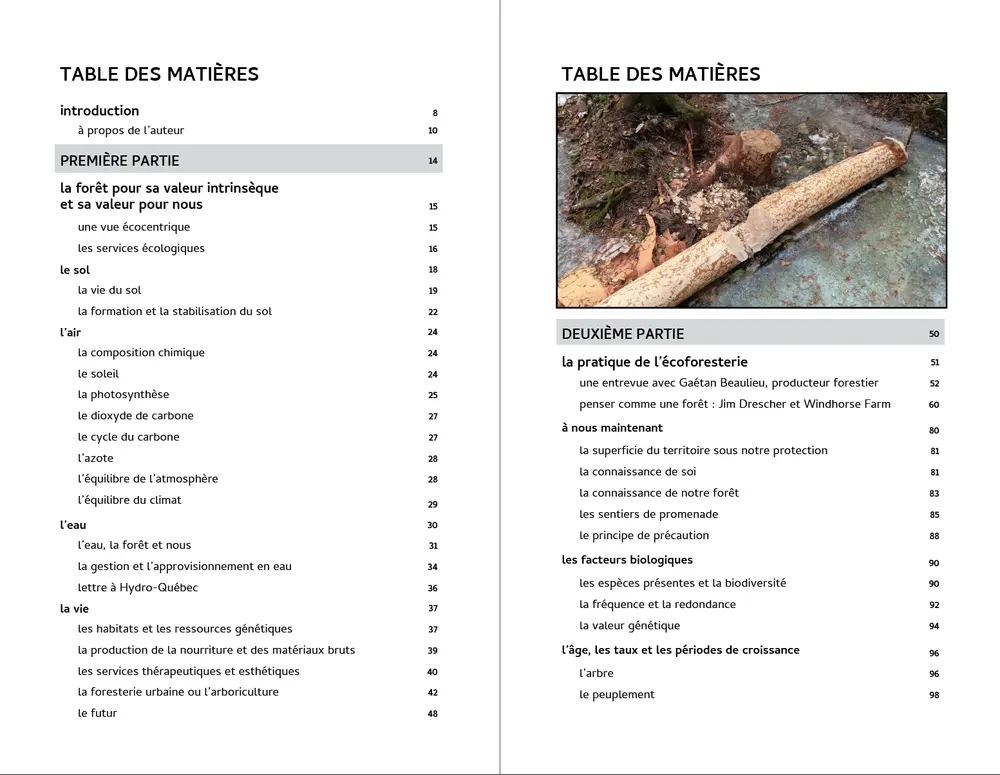 Table des matières du livre L'écoforesterie de Bob Eichenberger