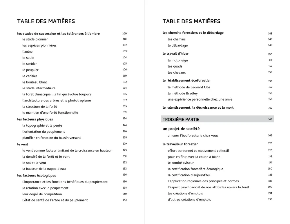 Table des matières du livre L'écoforesterie de Bob Eichenberger