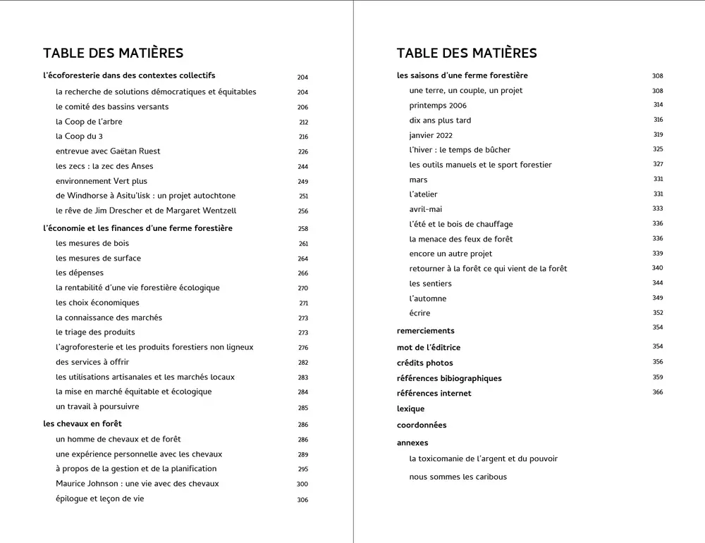 Table des matières du livre L'écoforesterie de Bob Eichenberger